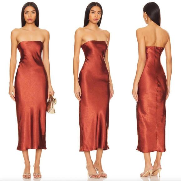 MORE TO COME Emma Strapless Maxi Dress in Chocolate Satin Tube Dress M NWT - Picture 1 of 6